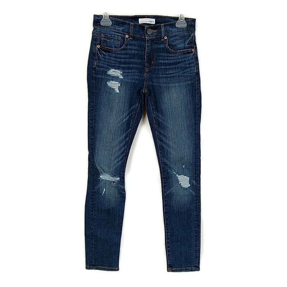 💥5/$25 LOFT sz 2 Jeans Blue Denim Dark‎ Wash Faded Distressed Modern Fit Skinny